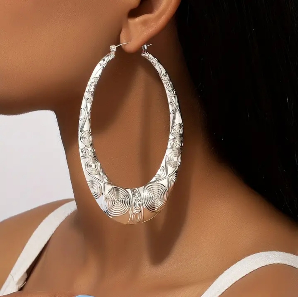 Chunky Silver Oval-shaped Hoop Earrings